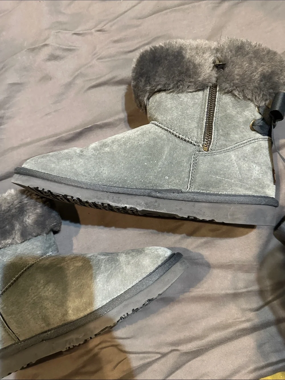 Lam Plush Faux Fur-Trim Gray Women's Winter Boots 9
